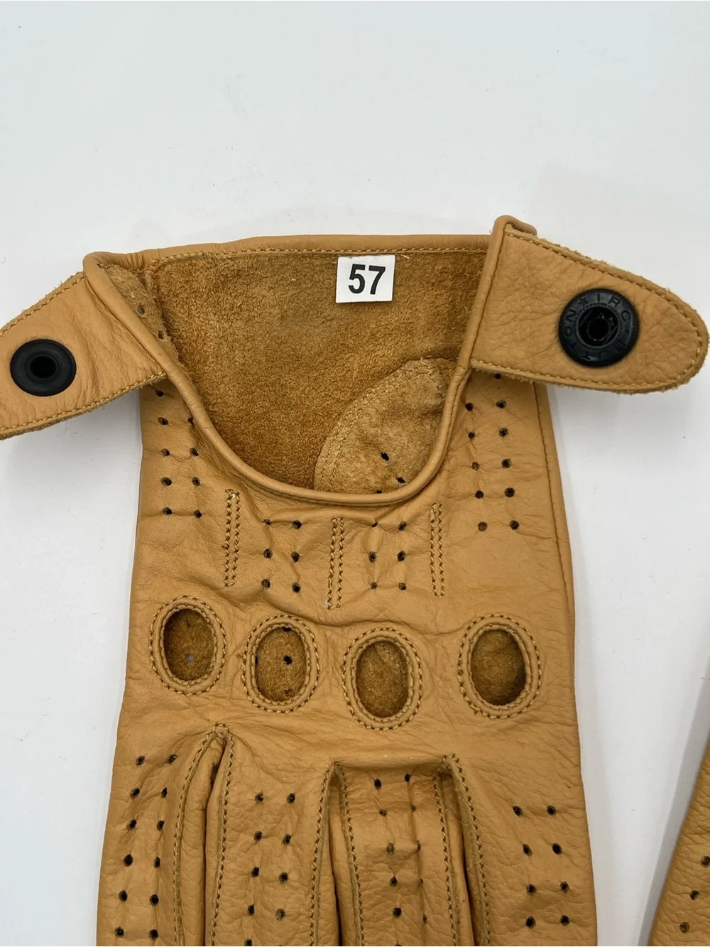 Tan Leather Gloves Full Finger Retro Moto Driving Style Snap Wrist Unisex Medium